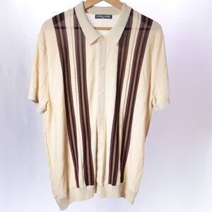 Paul Jones Knit Bowling Shirt Men 2XL Short Sleeve Button Ivory Retro Striped
